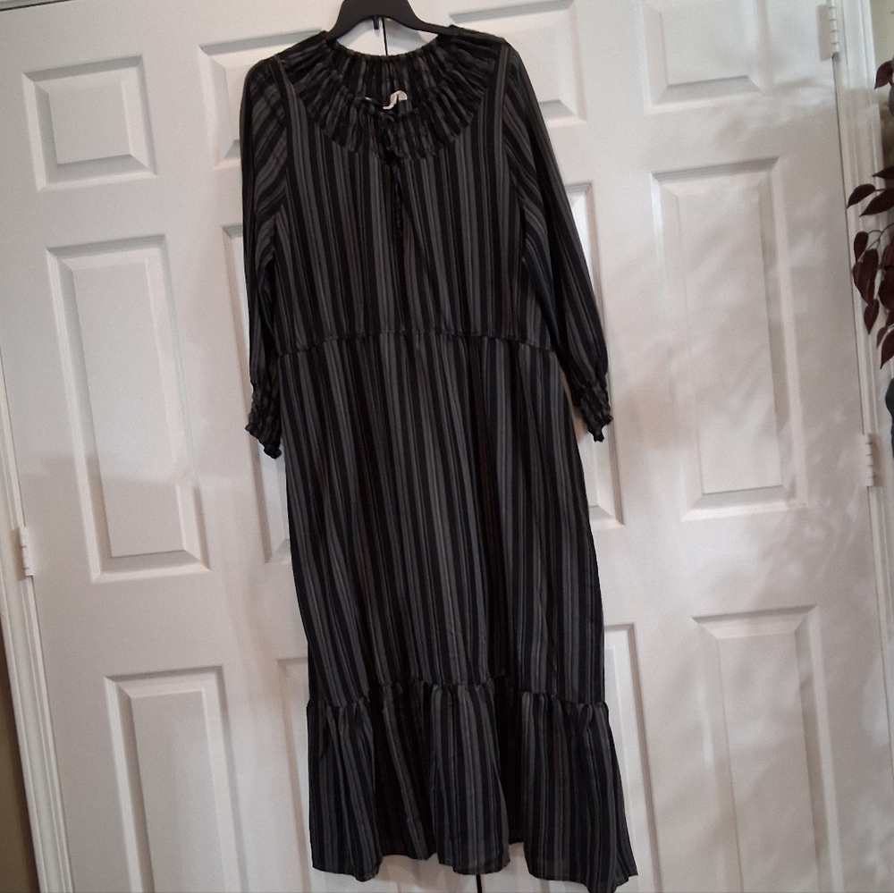 Terra & Sky Black and Gray Cottagecore Boho Striped Long Sleeve Dress Size 3X